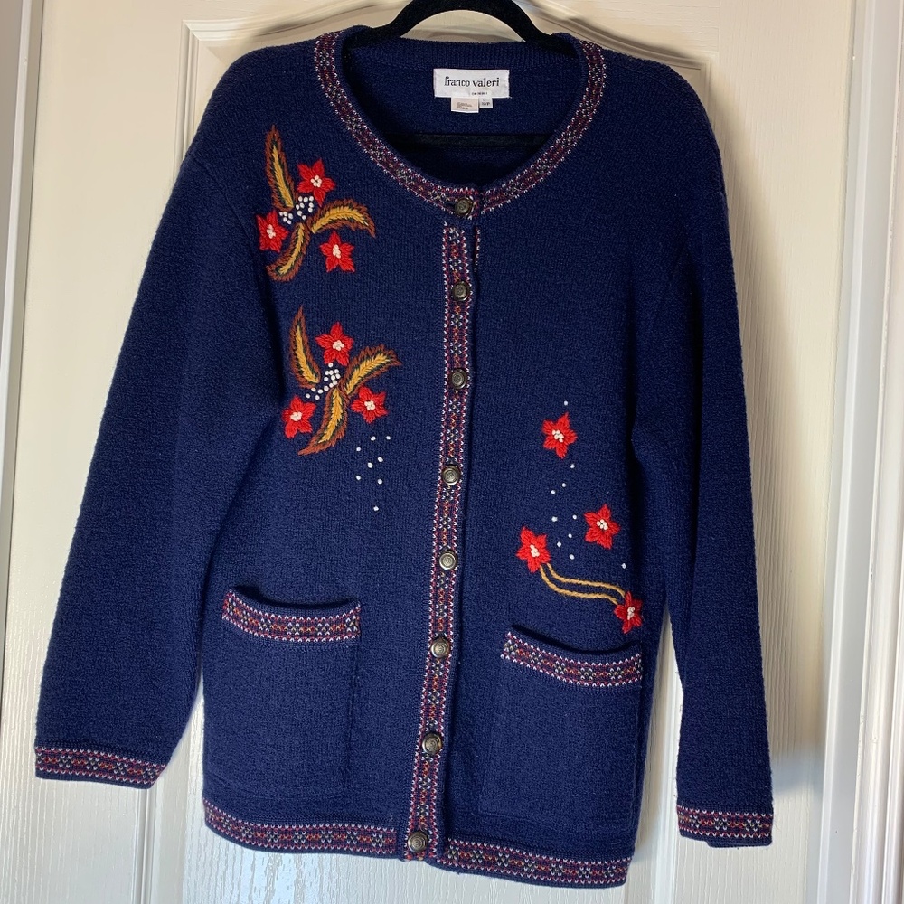 Vintage Wool Cardigan with Floral Embroidery – Franco Valeri – Size Small
